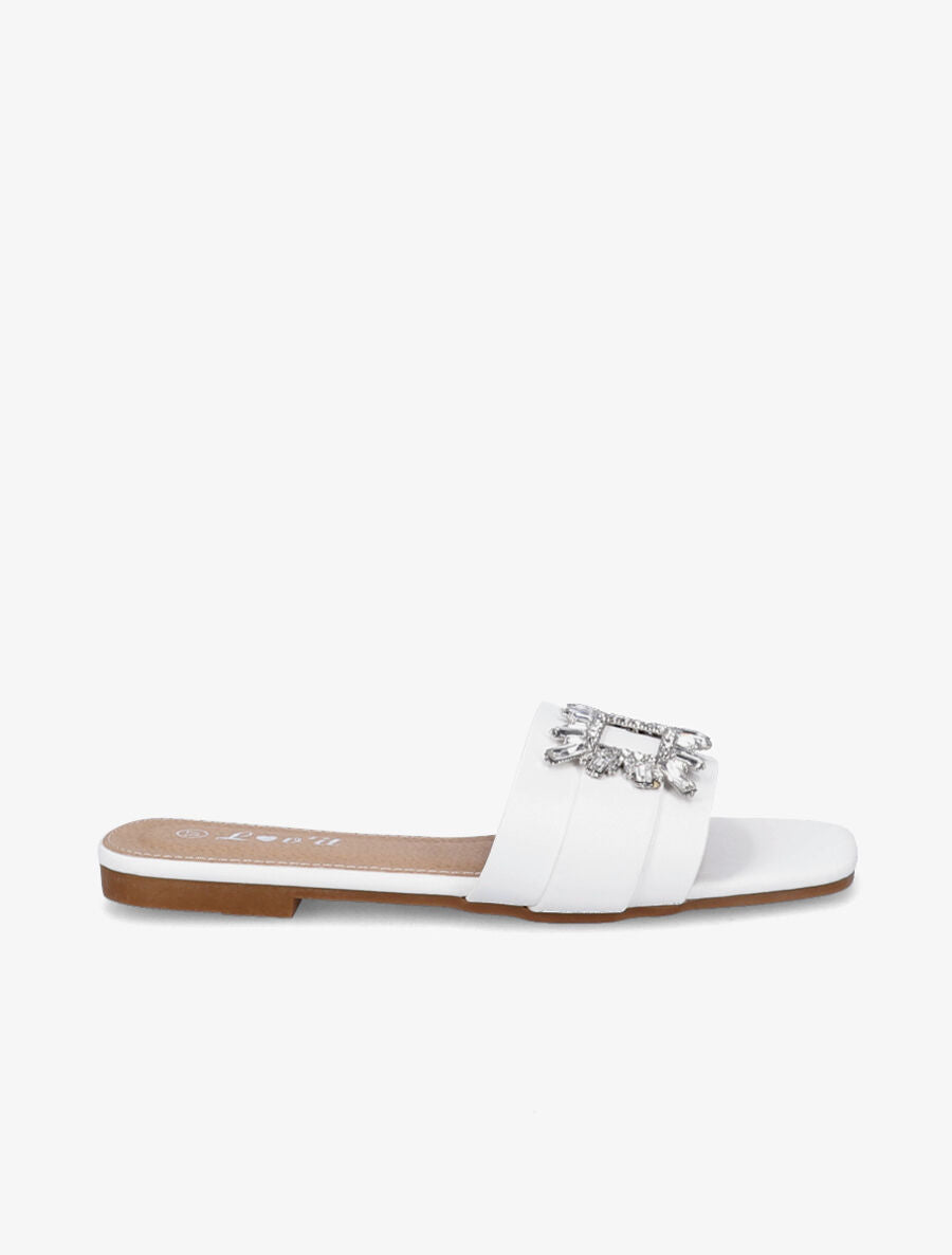 Mules plates à boucles bijoux et strass - Blanc - 5