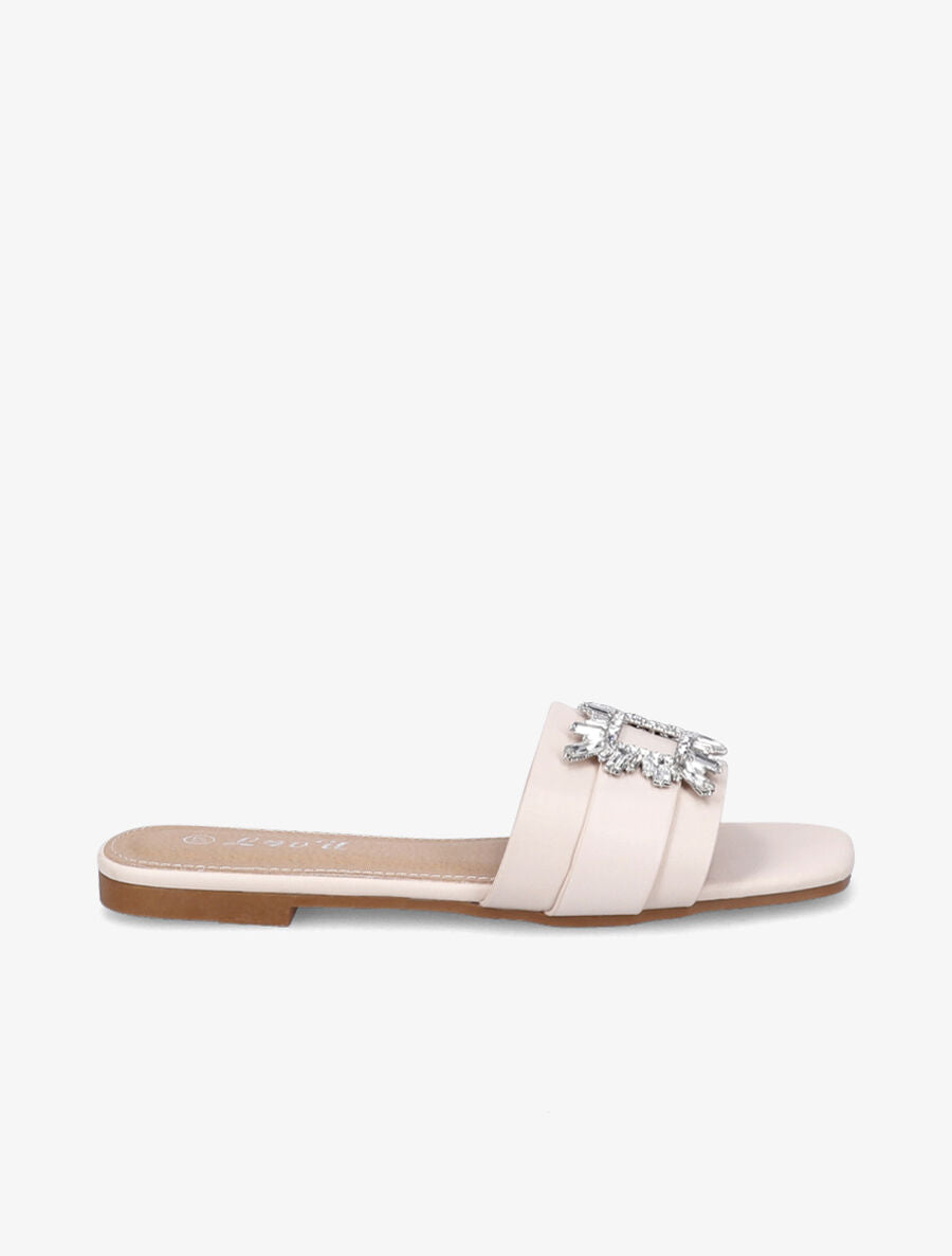 Mules plates à boucles bijoux et strass - Beige - 1