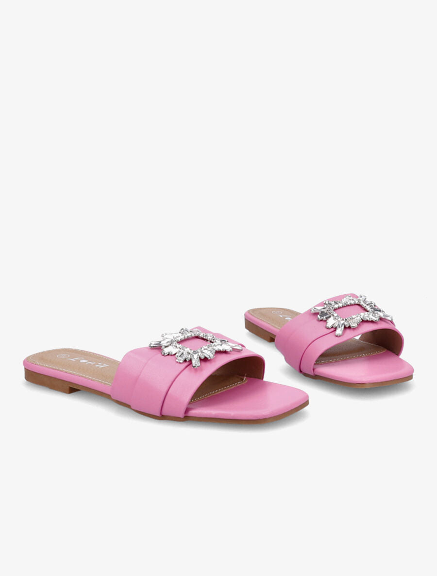 Mules plates à boucles bijoux et strass - Fushia - 4