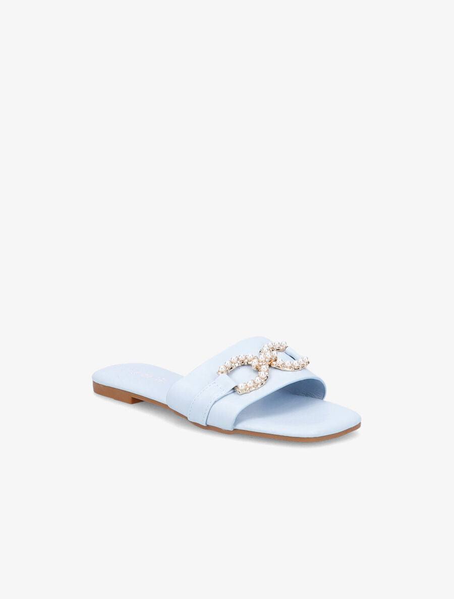 Mules plates à boucles en perles et strass - Bleu ciel - 2
