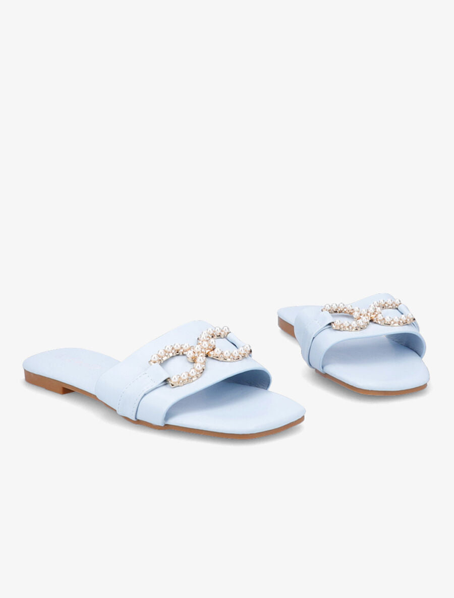 Mules plates à boucles en perles et strass - Bleu ciel - 4