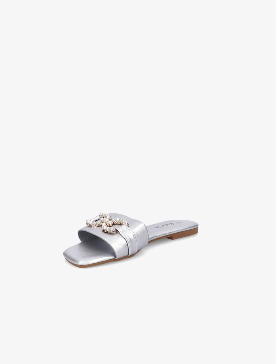 Mules plates à boucles en perles et strass - Argent - 3