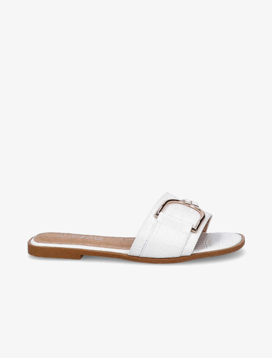 Mules plates effet croco à boucles dorées - Blanc - 1