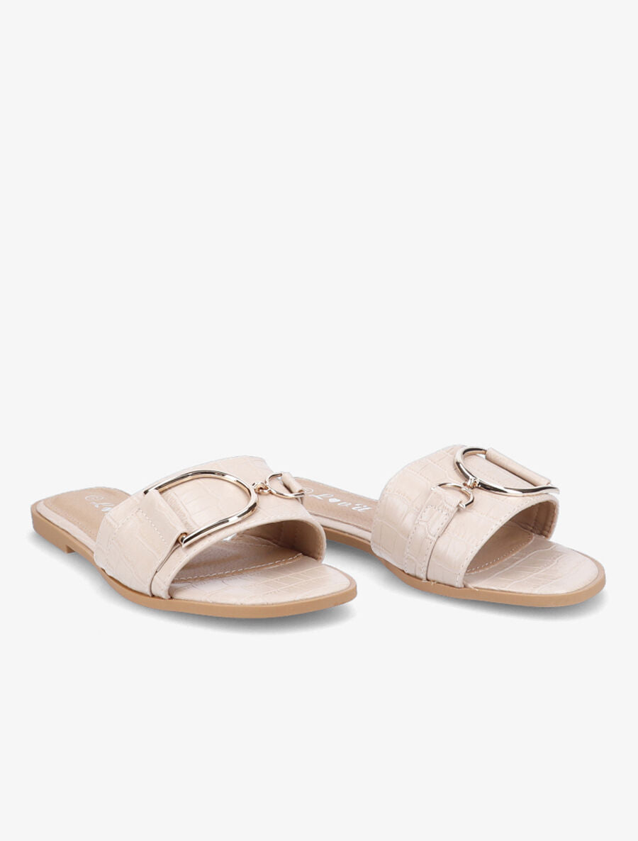 Mules plates effet croco à boucles dorées - Beige - 4