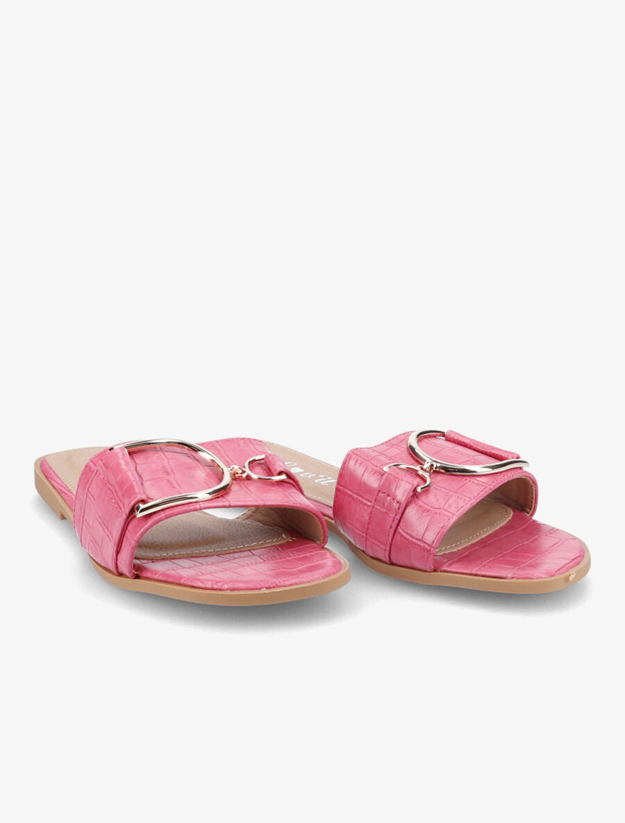 Mules plates effet croco à boucles dorées - Rose - 4