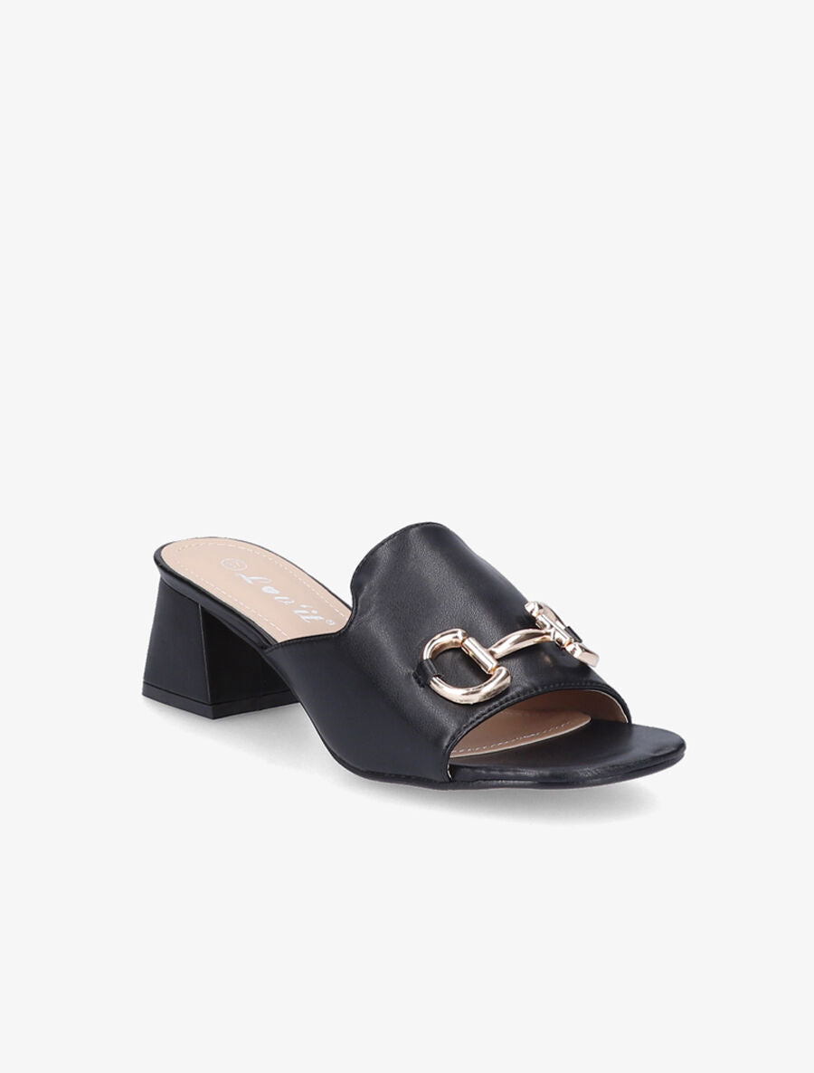 Mules en simili à boucle métallique dorée - Noir - 2