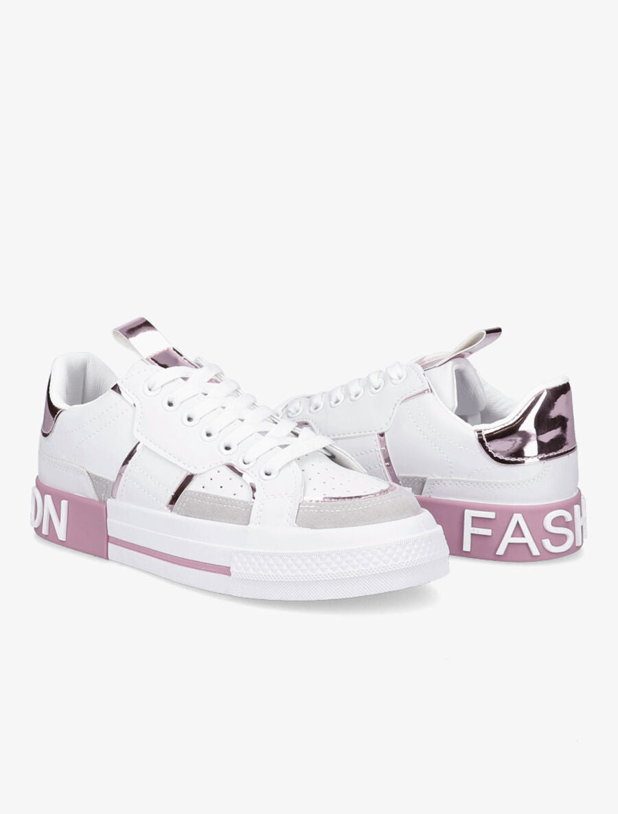 Sneakers à inscription et détail suédine - Rose - 4