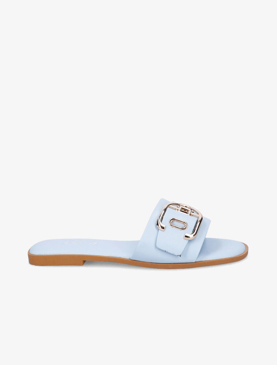 Mules plates à boucles métalliques stylisées - Bleu ciel - 1