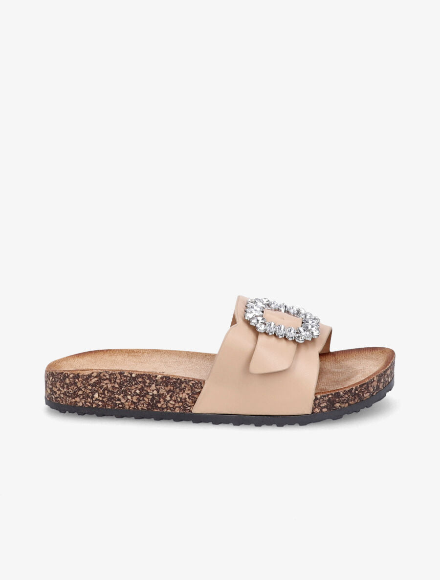 Mules brides à boucle et strass - Camel - 5
