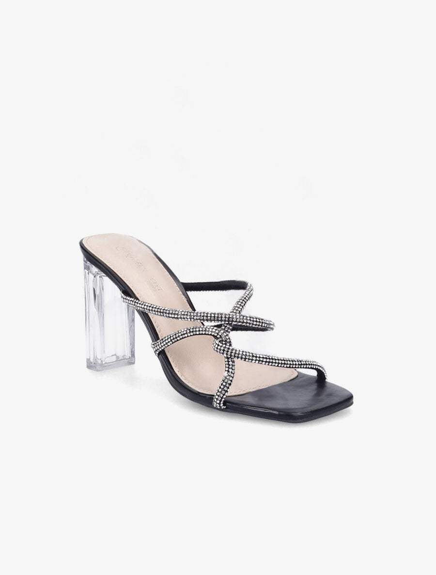 Mules à talons et brides à strass - Noir - 2