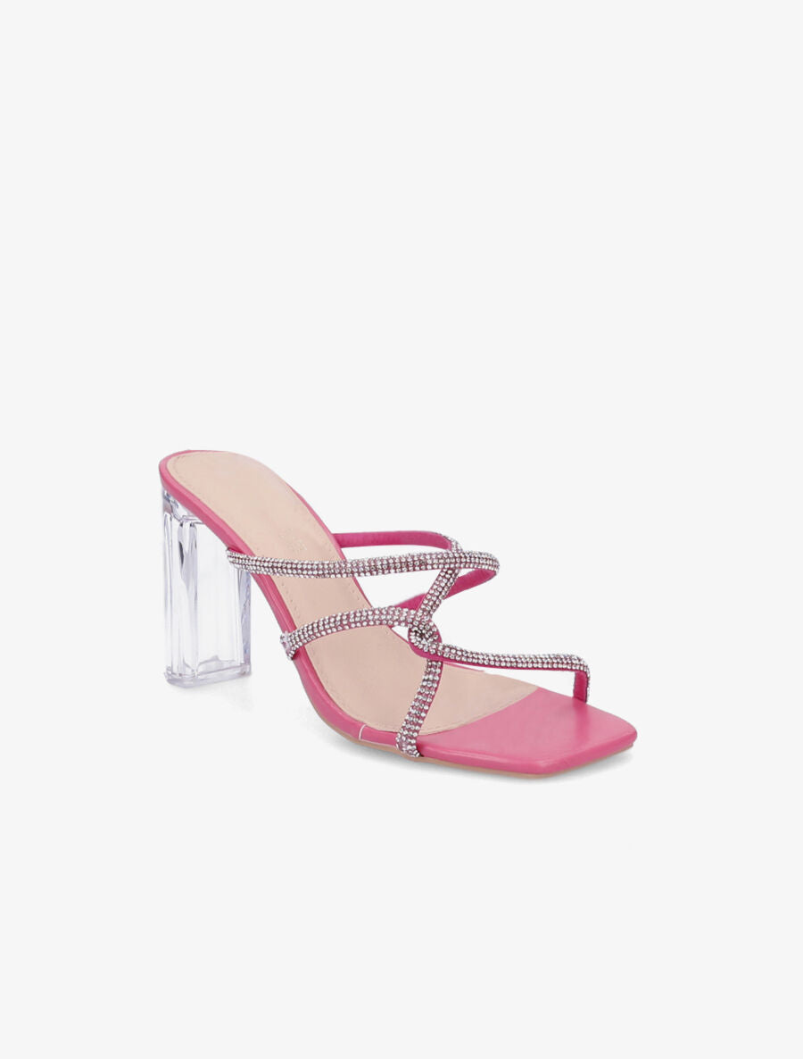 Mules à talons et brides à strass - Fushia - 2
