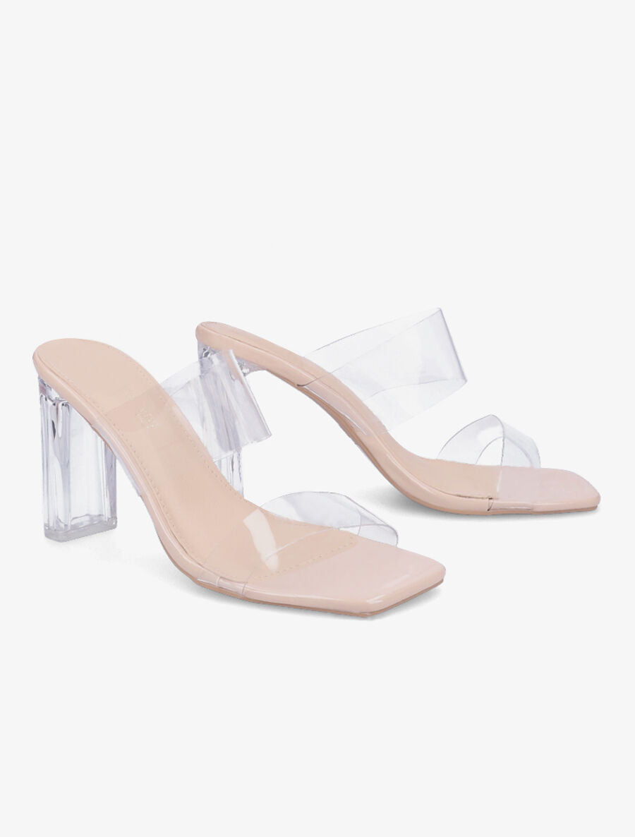 Mules à talons et double ganses transparentes - Beige - 4