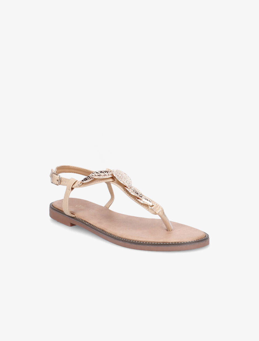 Nu-pieds en simili et feuilles dorées - Beige - 2