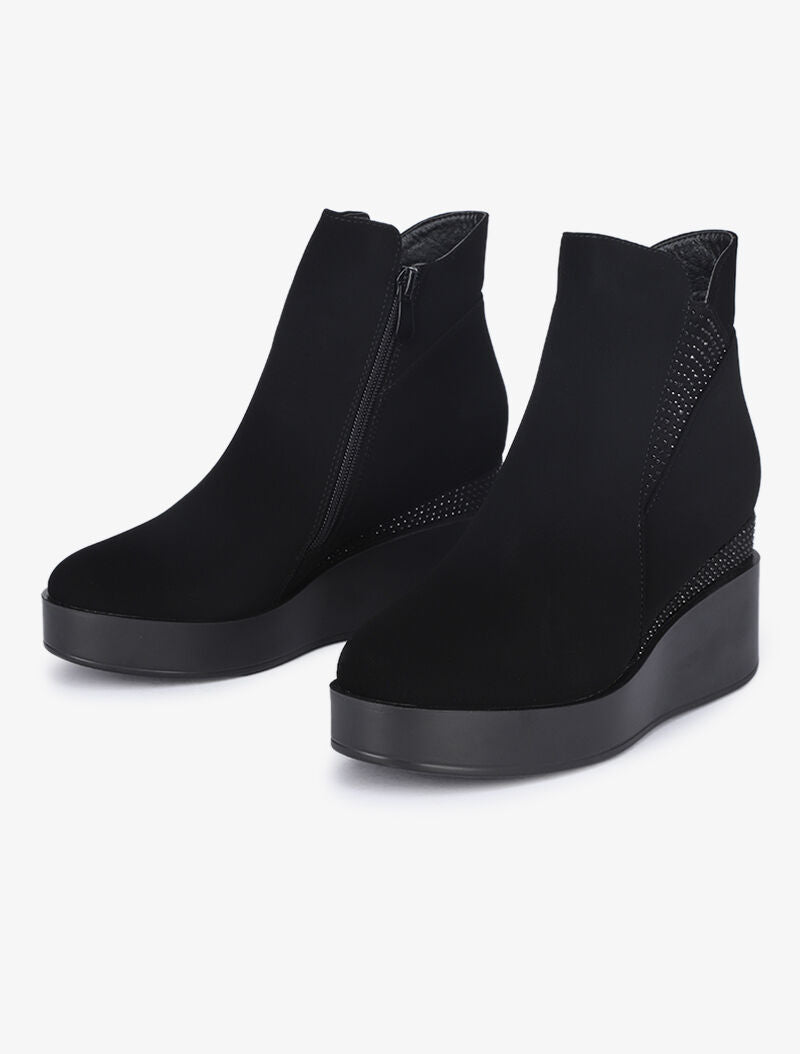 Bottines compensées en suédine ornées de strass - Noir - 1