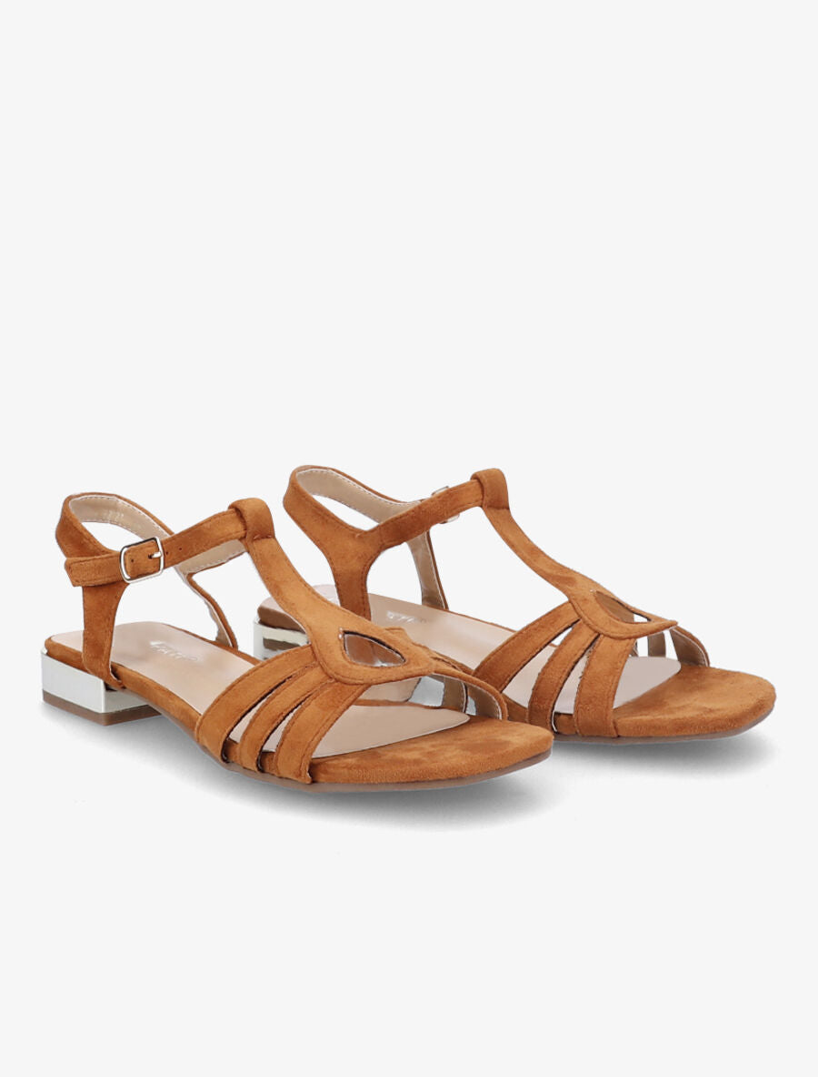 Sandales plates en suédine et brides en T stylisées - Camel - 4