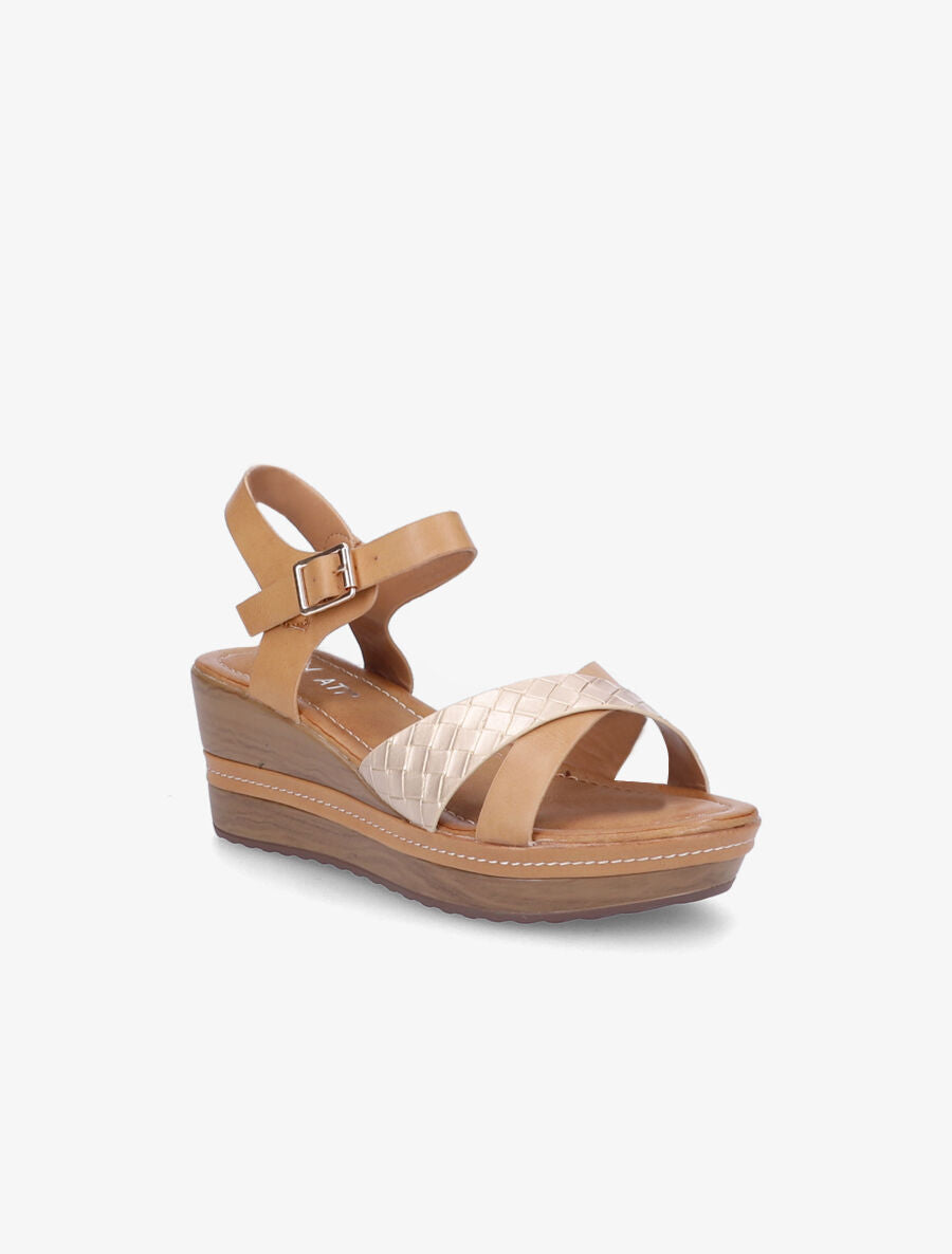 Sandales compensées à bride tressée - Beige/or - 2