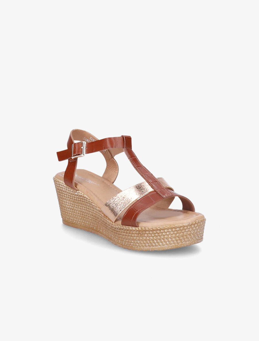 Sandales compensées à bride croco et irisé - Camel/rose gold - 2