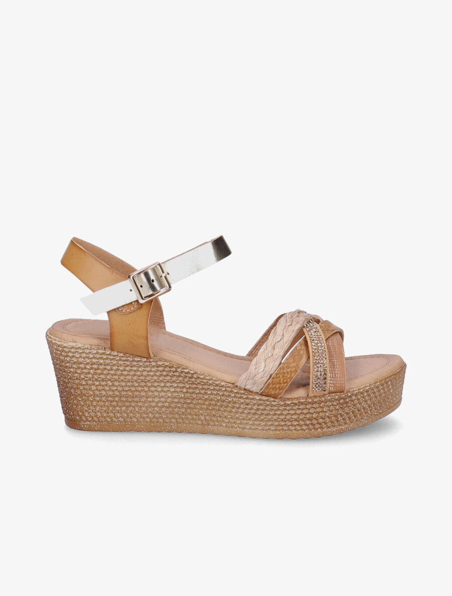 Sandales compensées à bride multi-matières - Beige foncé - 5