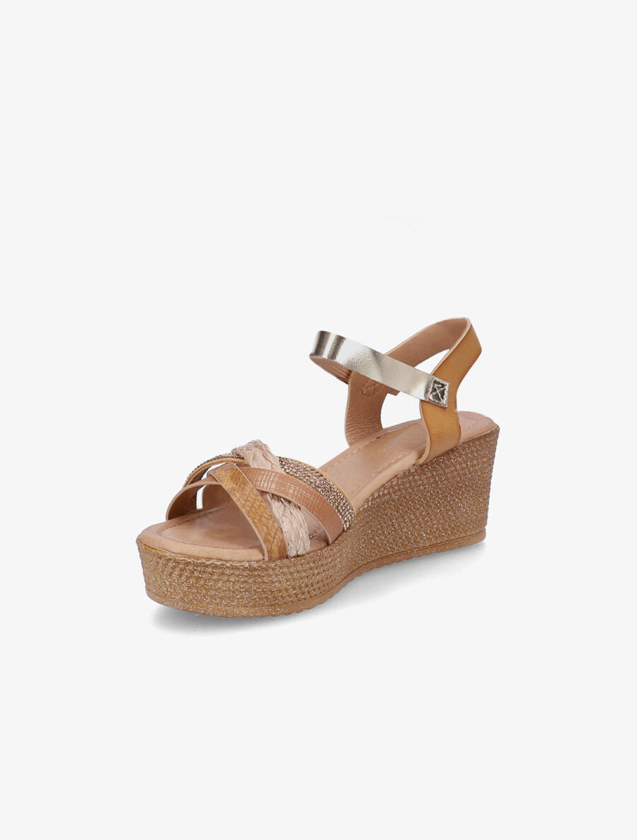Sandales compensées à bride multi-matières - Beige foncé - 3