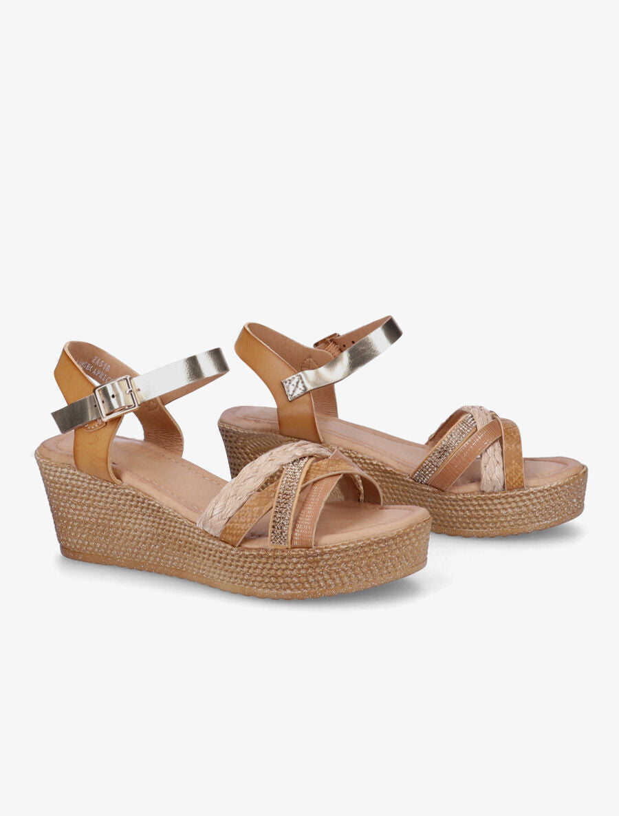 Sandales compensées à bride multi-matières - Beige foncé - 4
