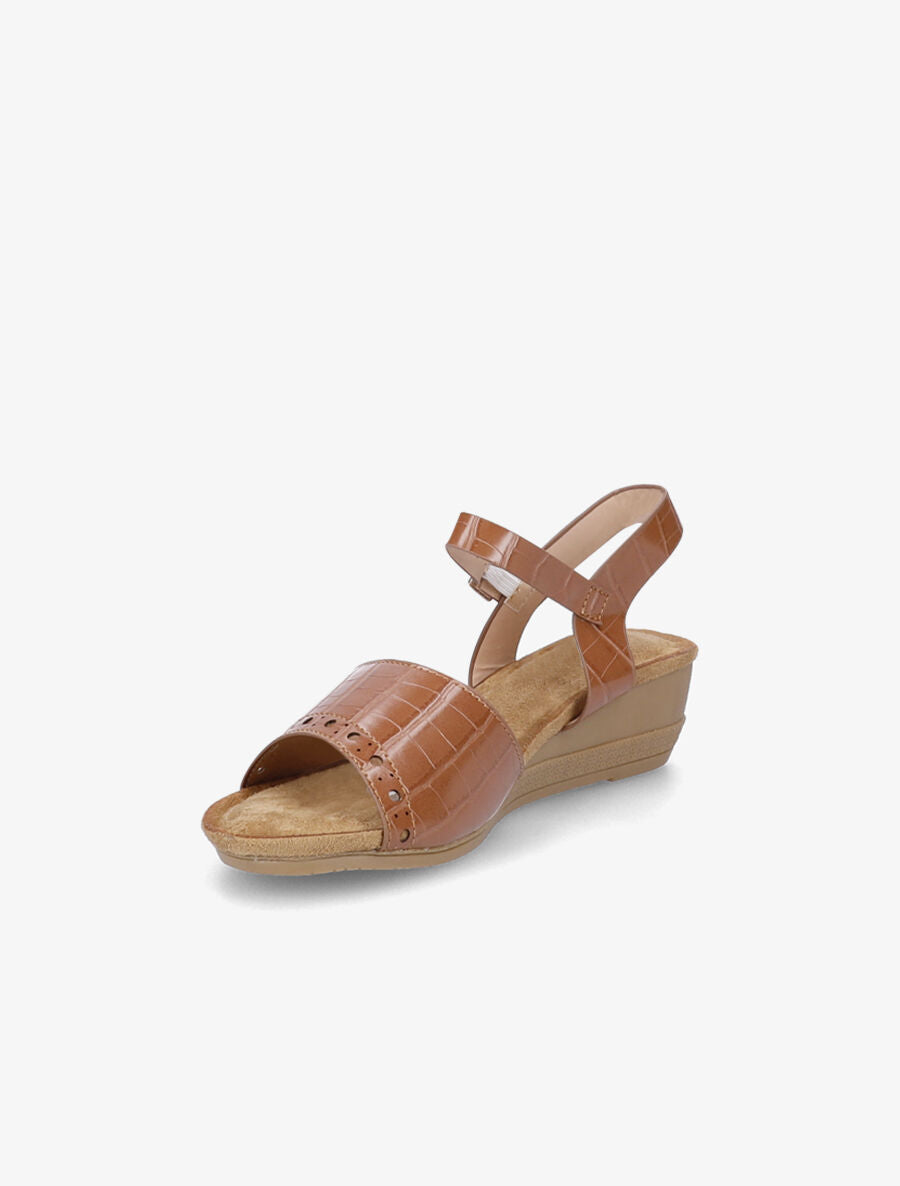 Sandales compensées à bride perforée effet croco - Camel - 3