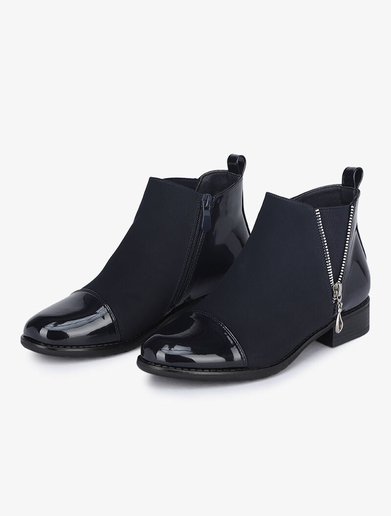Bottines suédées et vernies à zip stylisé - Marine - 4