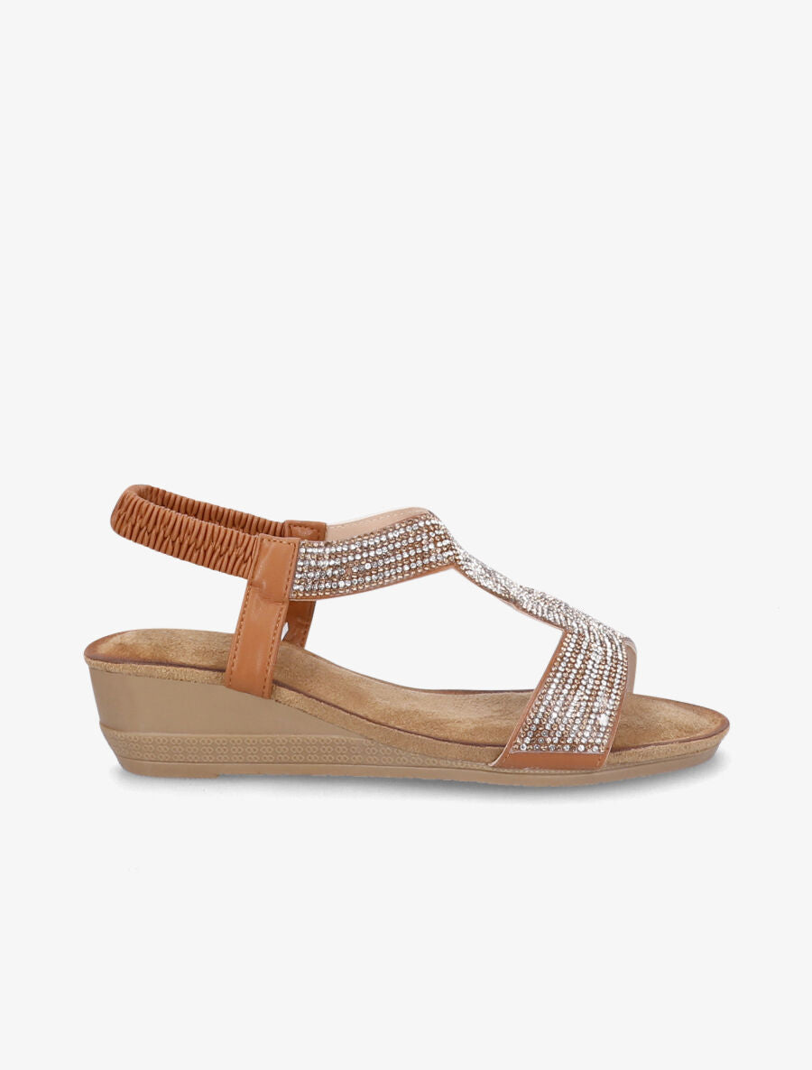Sandales compensées à bride en T stylisée à strass - Camel - 5