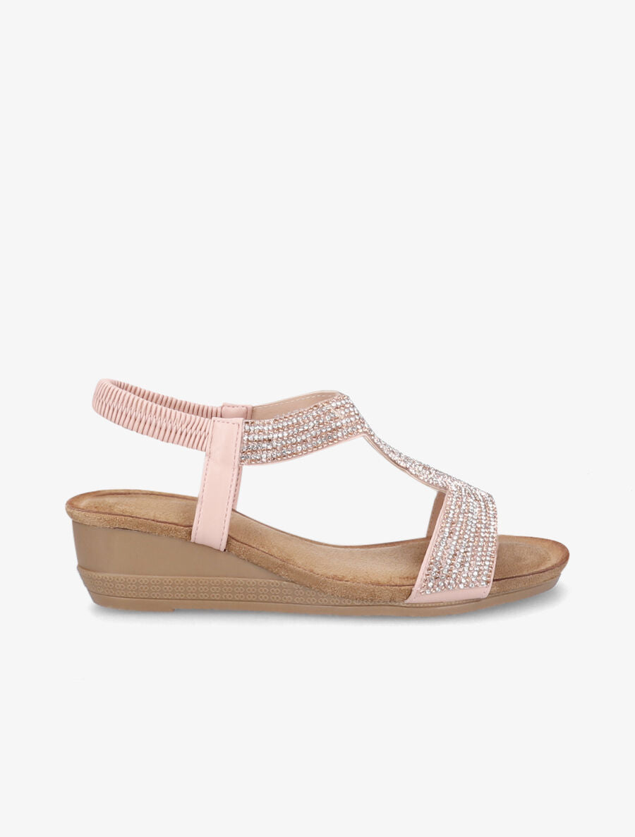 Sandales compensées à bride en T stylisée à strass - Rose - 5