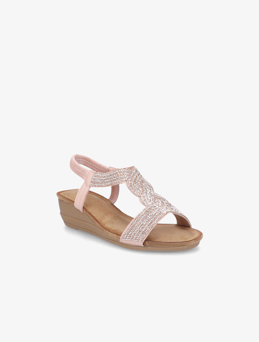 Sandales compensées à bride en T stylisée à strass - Rose - 2
