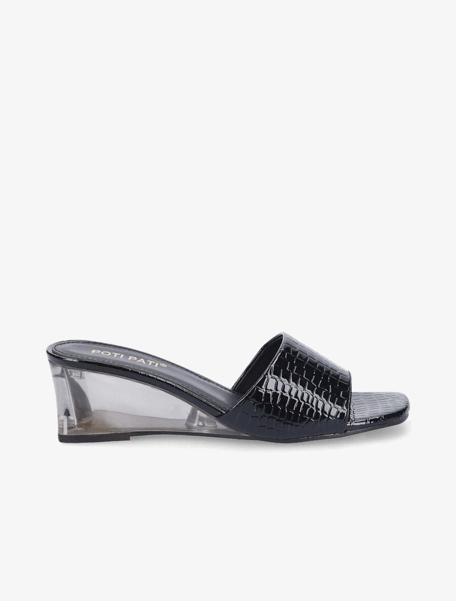 Mules effet croco à talons compensés transparents - Noir - 5
