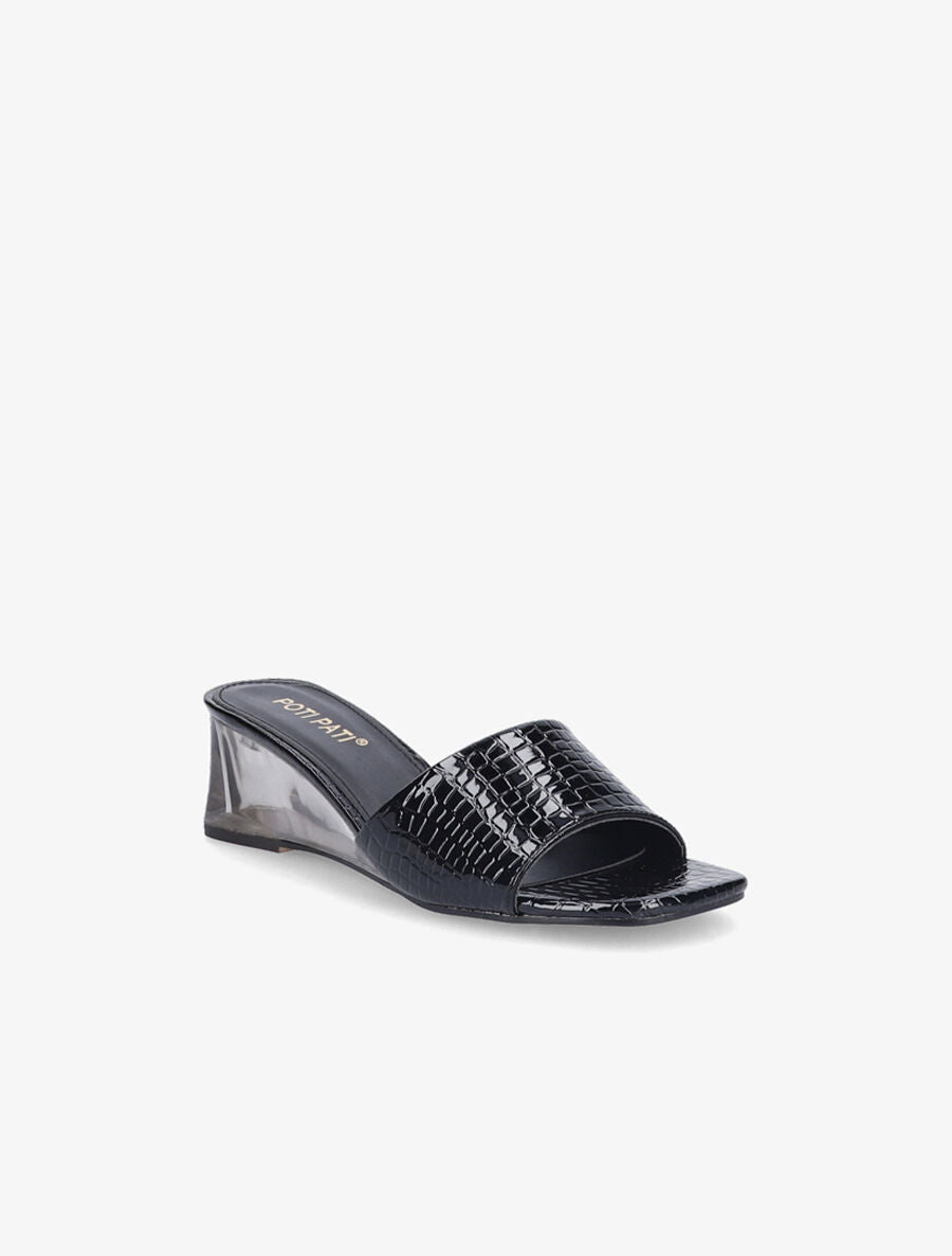 Mules effet croco à talons compensés transparents - Noir - 2