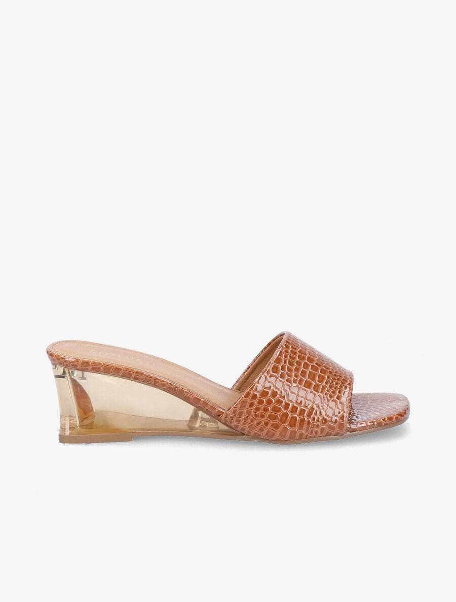 Mules effet croco à talons compensés transparents - Camel - 1