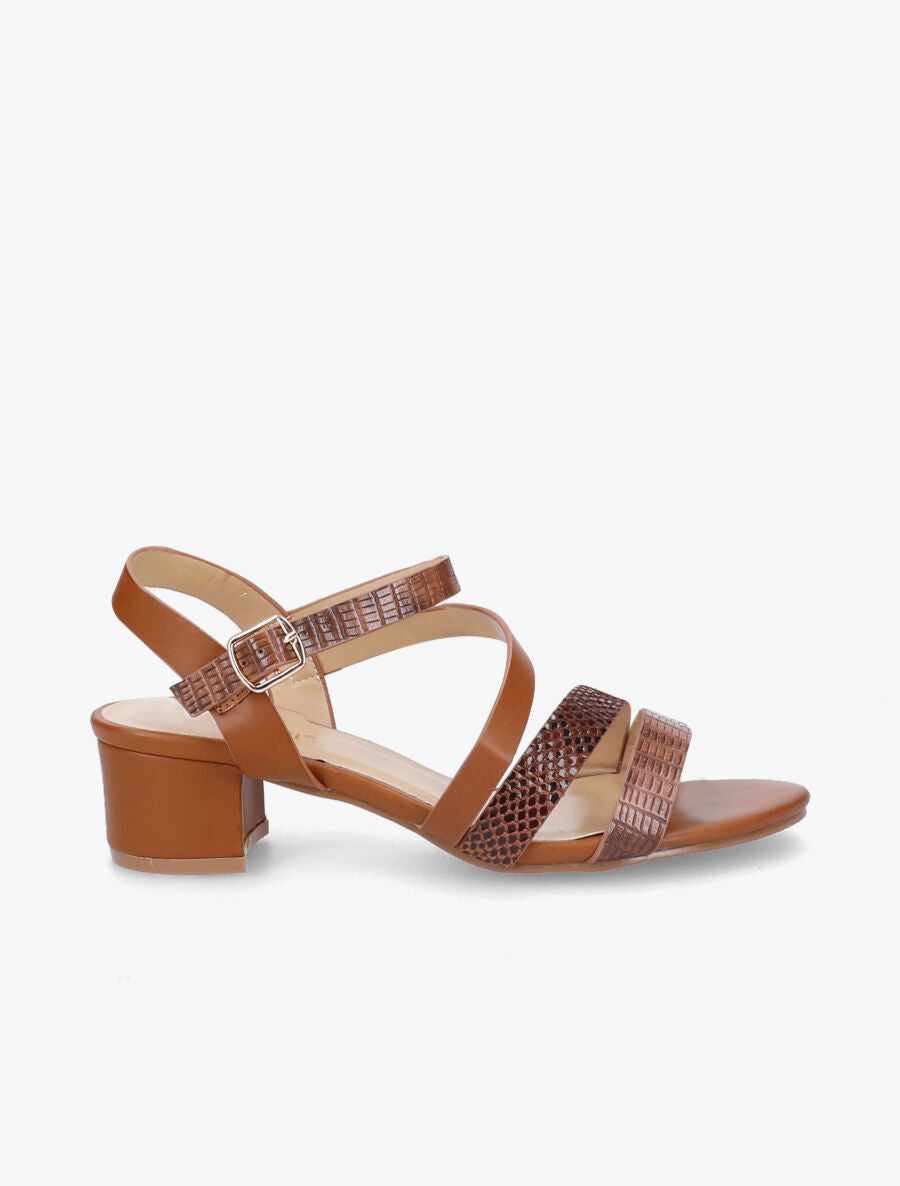 Sandales à brides effet python et croco - Camel - 1