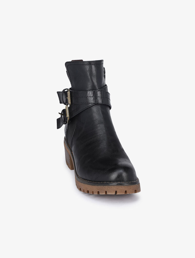 Boots bi-matière fourrées à double sangles - Noir - 3
