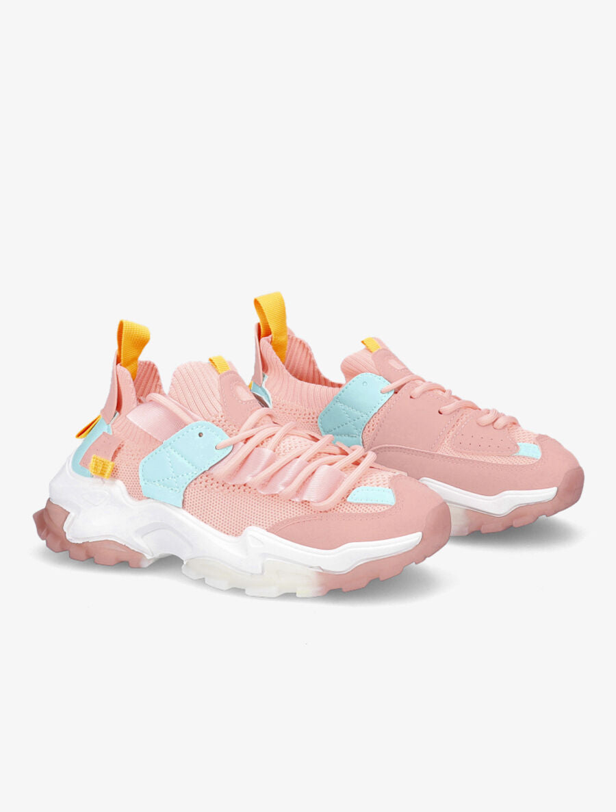 Sneakers en toile à lacets et semelles stylisées - Rose - 4