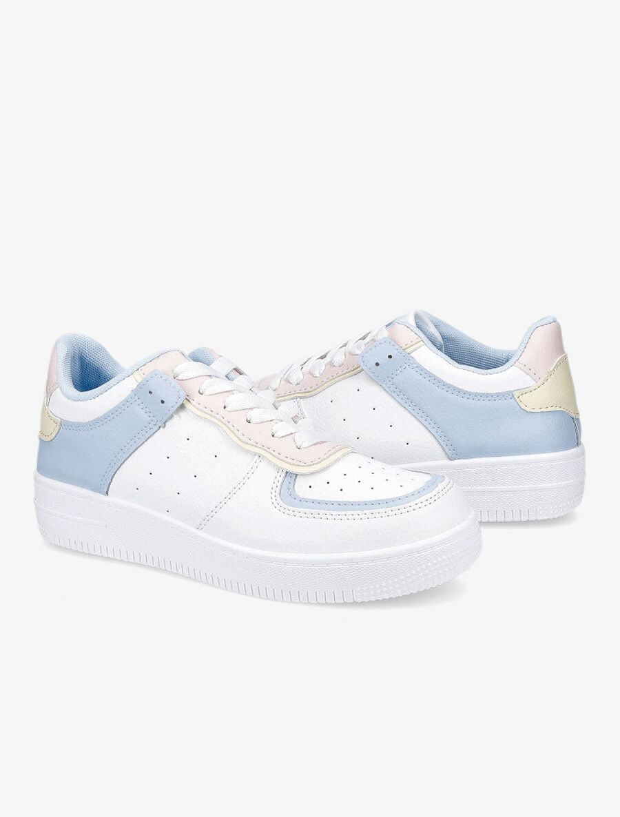 Baskets en simili grainé - Blanc/bleu clair - 4