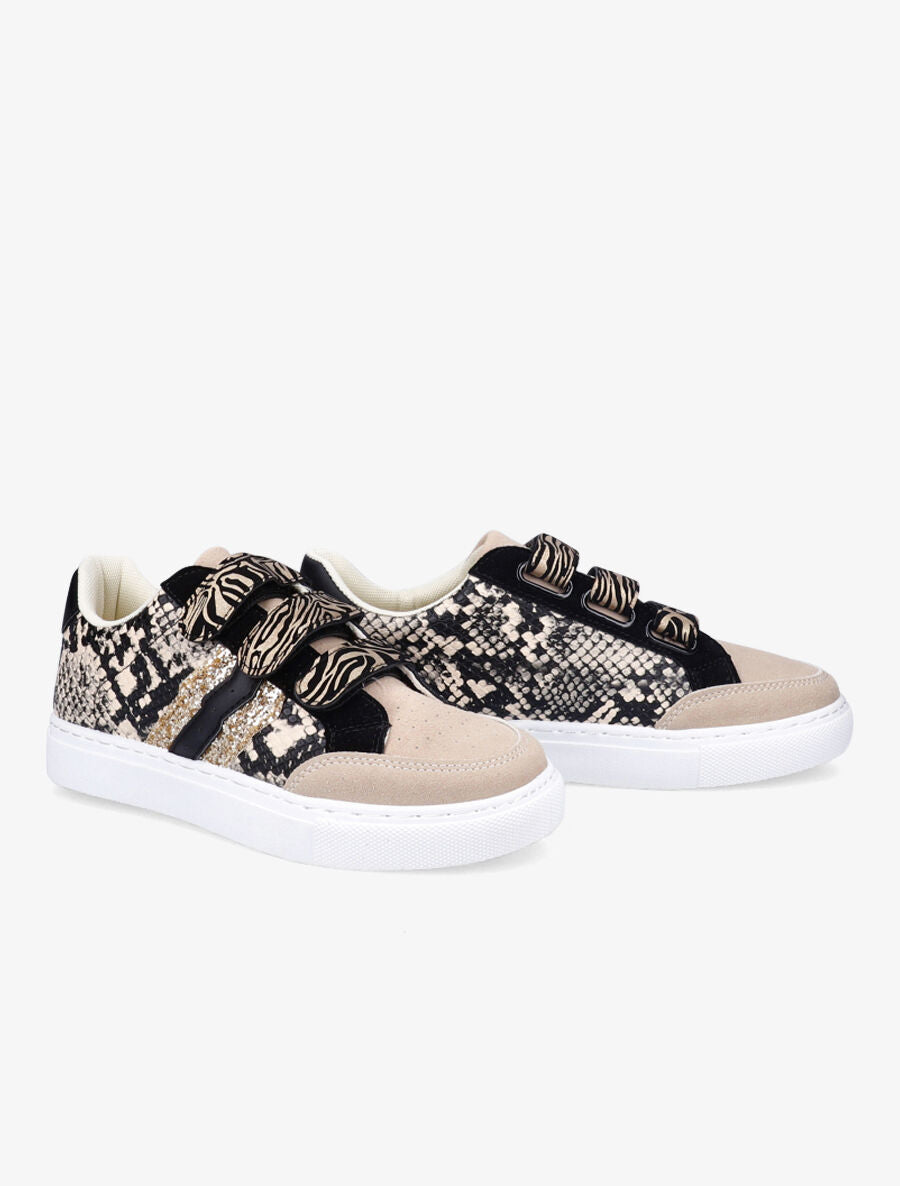 Baskets à scratch imprimé python et paillettes - Beige - 4