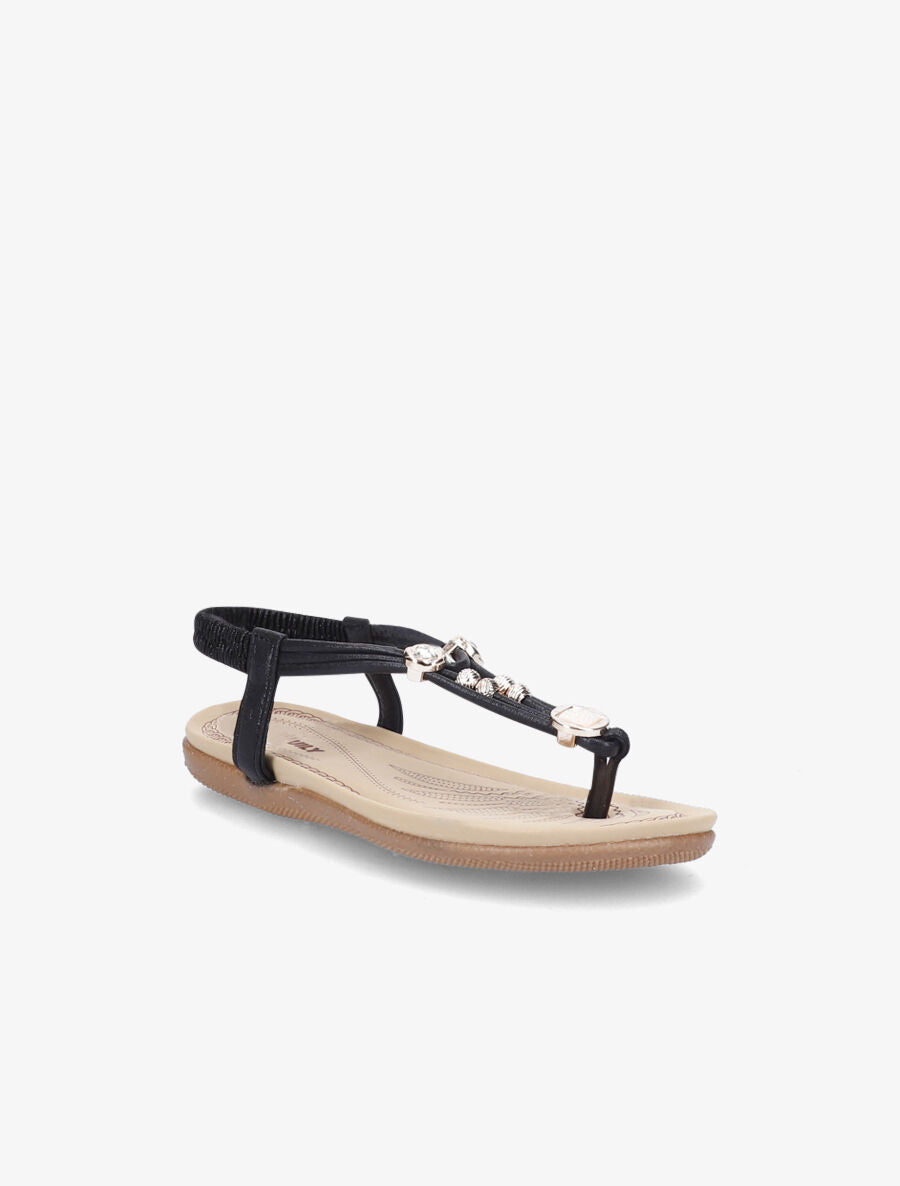 Nu-pieds à détail bijoux strassés et contrefort élastiqué - Noir - 1