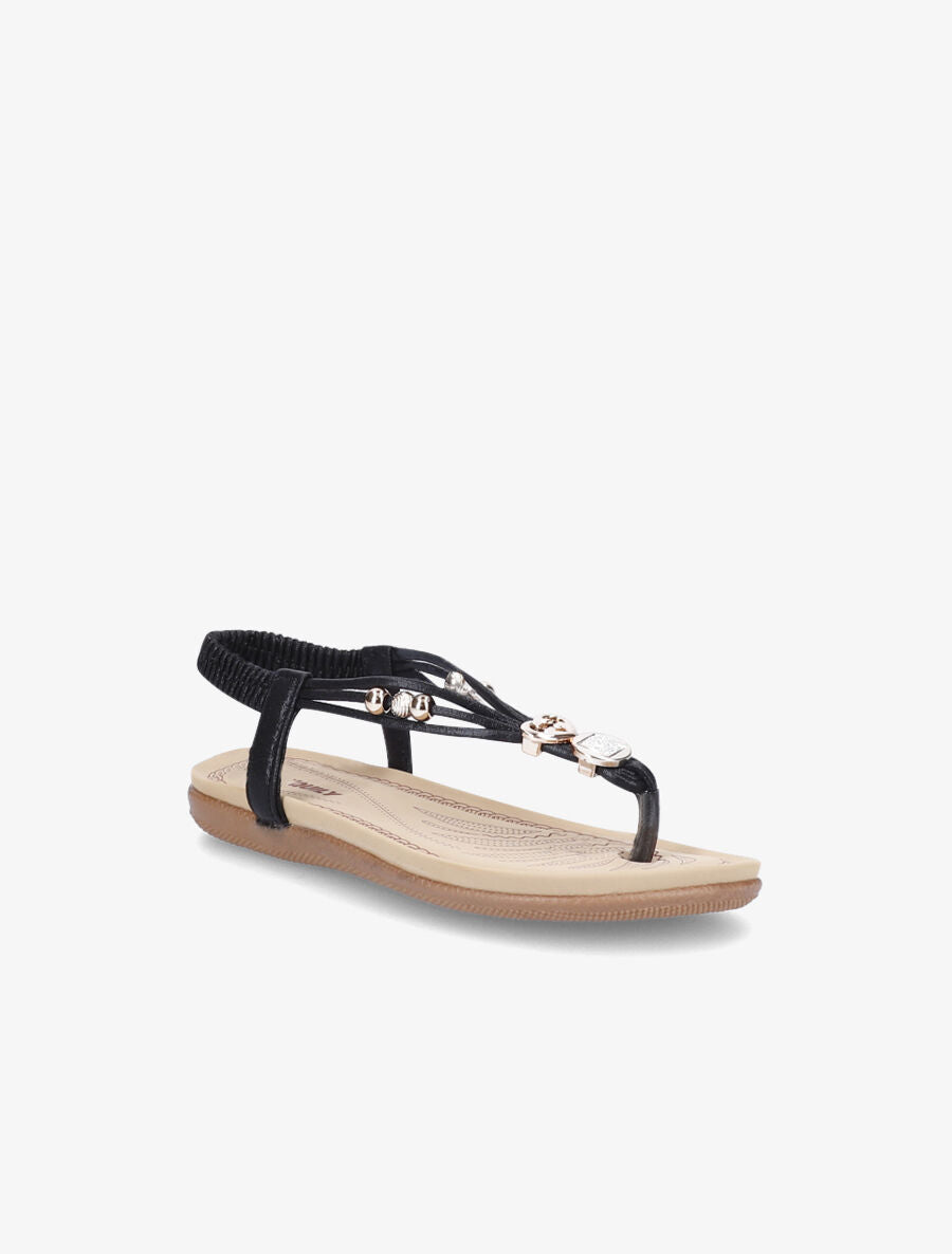 Nu-pieds à détail bijoux et contrefort élastiqué - Noir - 1