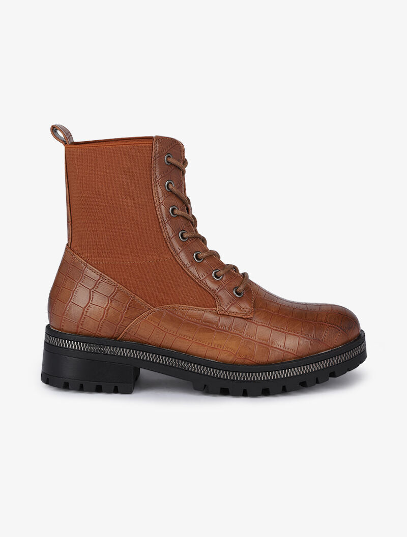 Bottines à lacets effet croco - Camel - 2