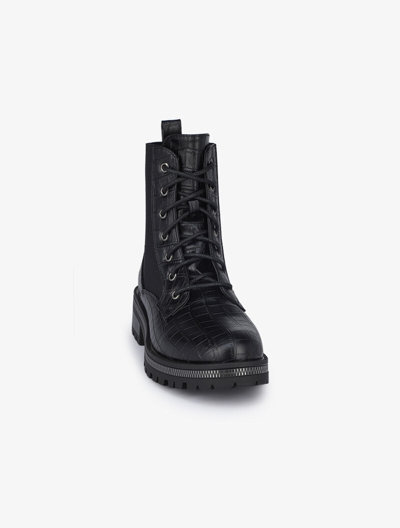 Bottines à lacets effet croco - Noir - 3