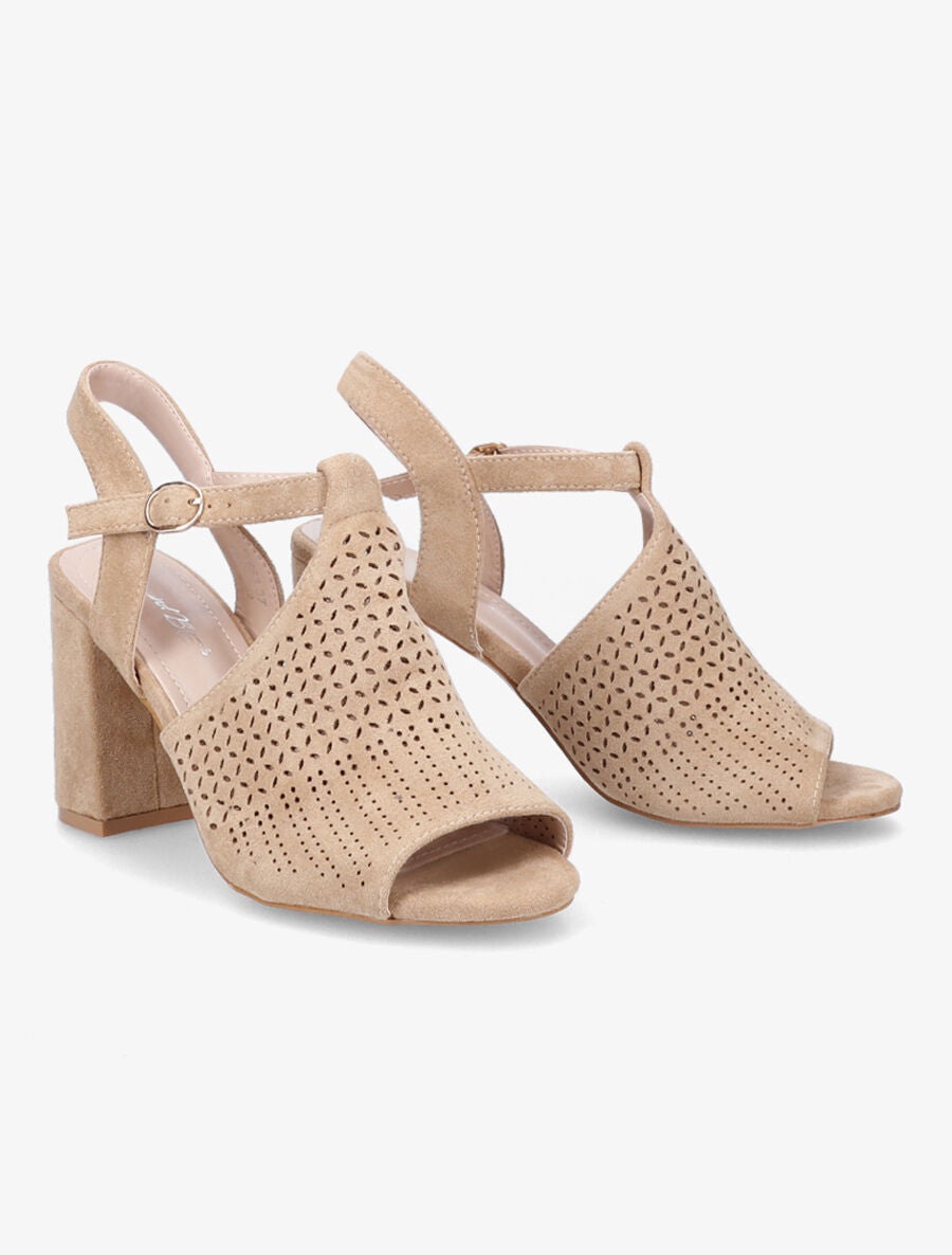 Sandales à talons en suédine ajourées - Beige - 4