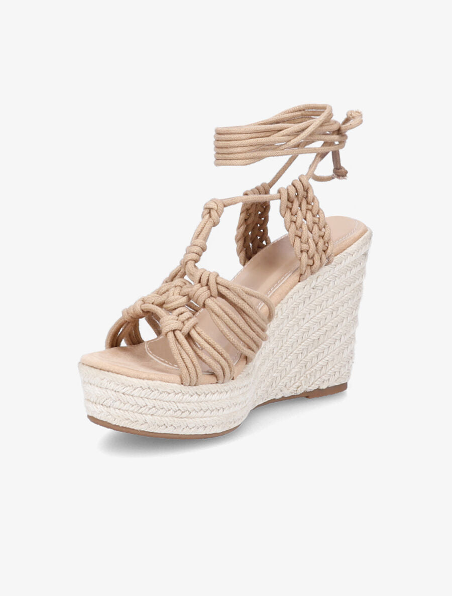 Sandales compensées en raphia et à lacets - Taupe - 3