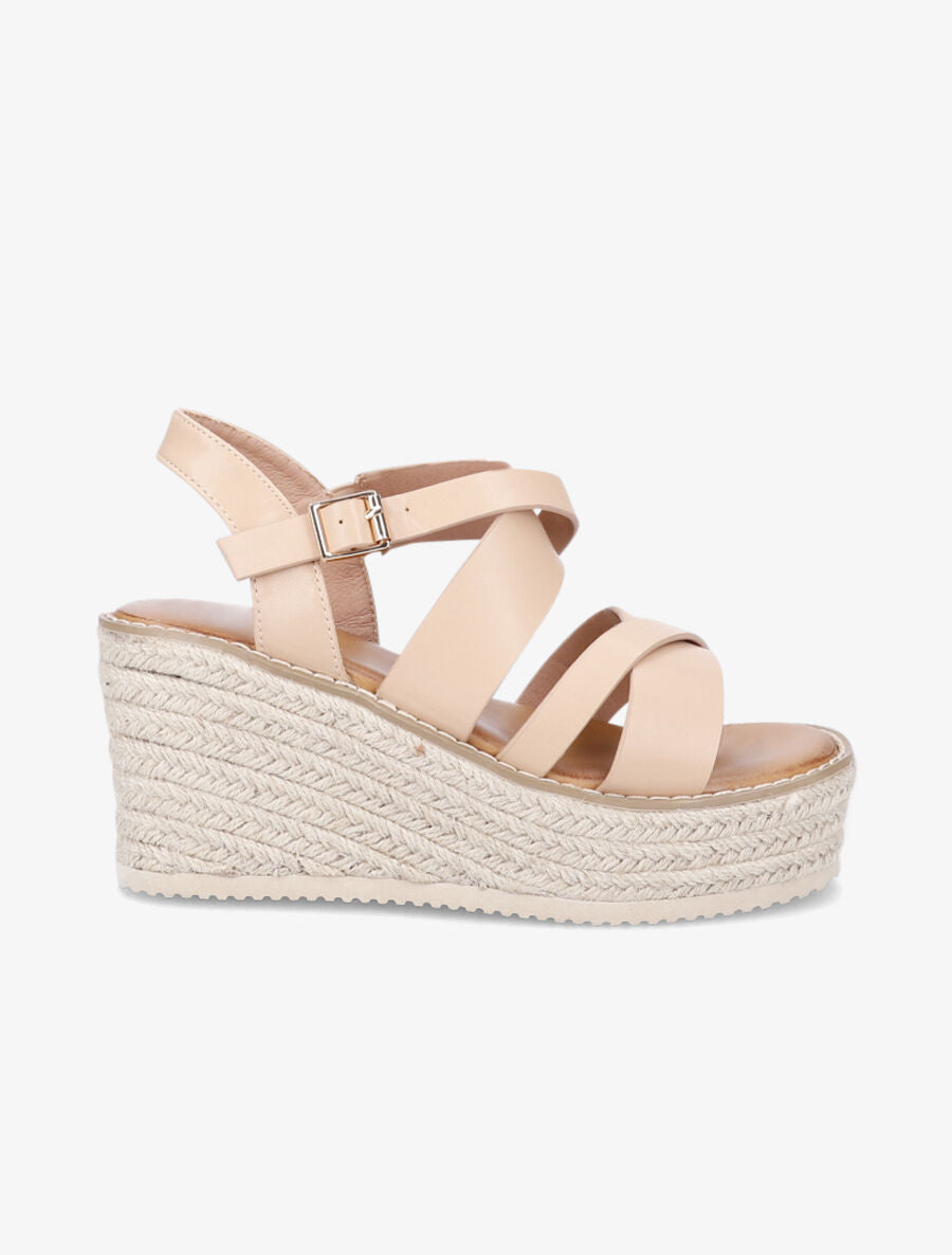 Sandales croisées à talon compensé - Beige - 1