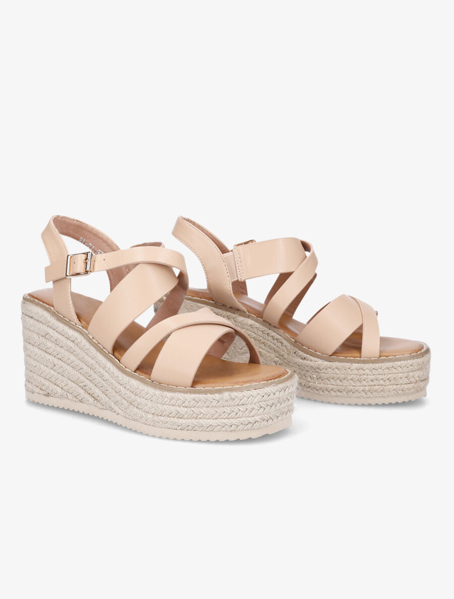 Sandales croisées à talon compensé - Beige - 4