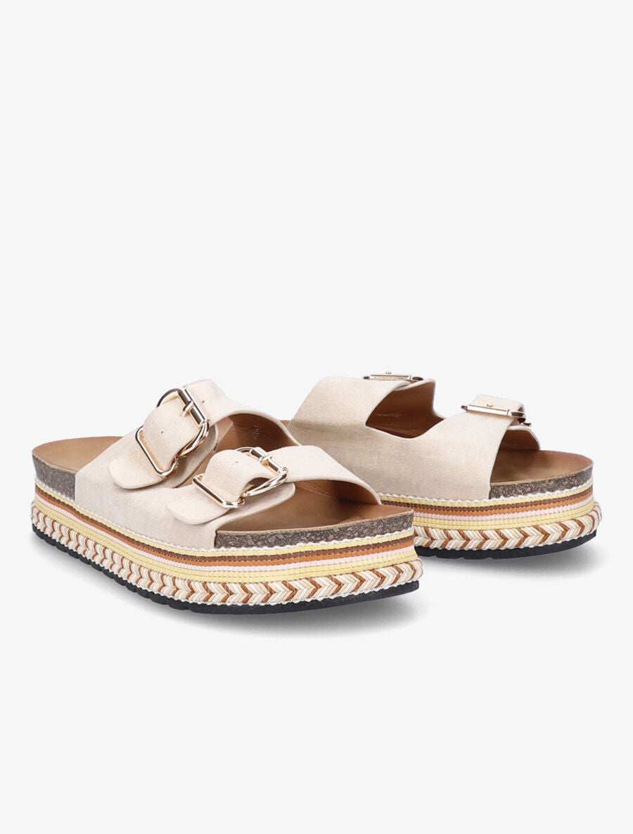 Claquettes à double brides et semelle stylisée - Beige - 4