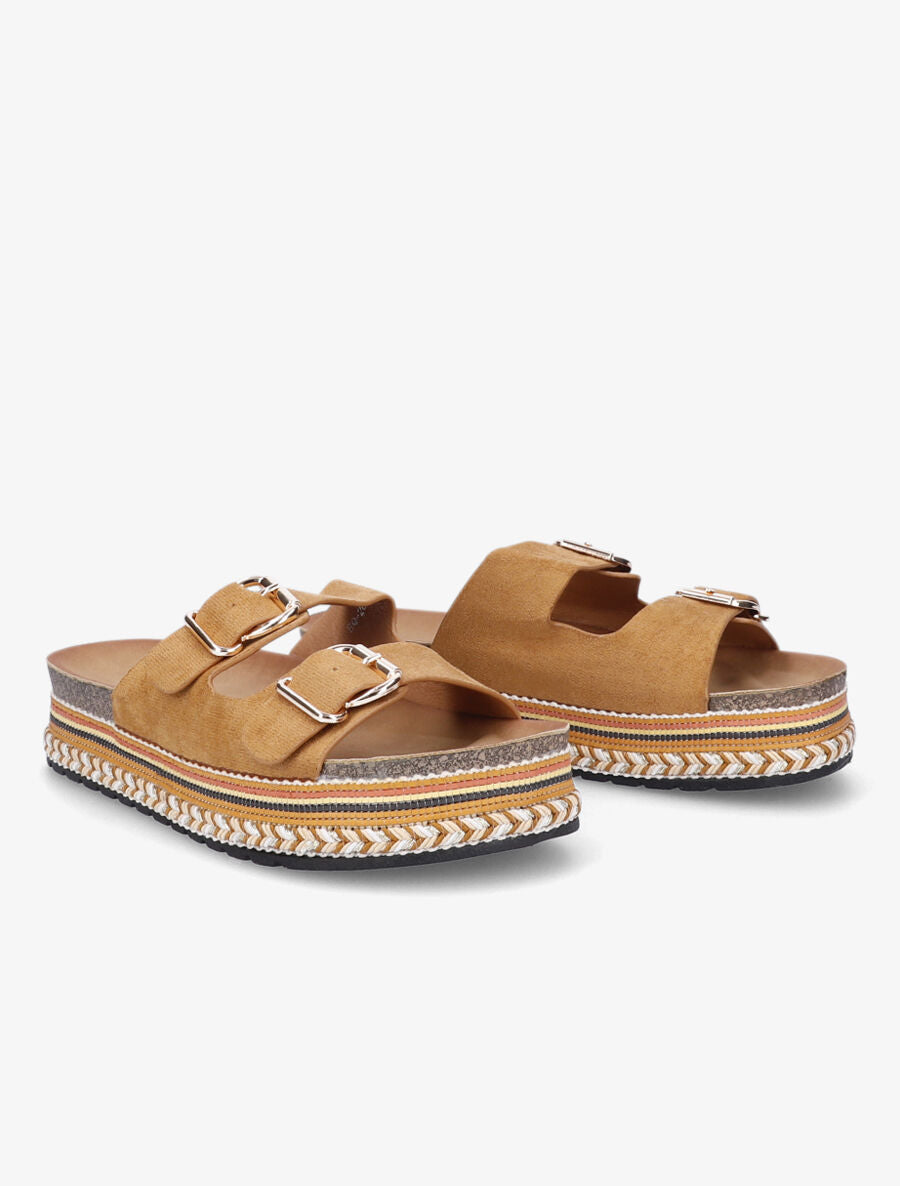 Claquettes à double brides et semelle stylisée - Camel - 4