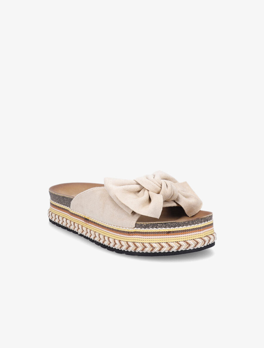 Claquettes en suédine à noeud et semelle stylisée - Beige - 2