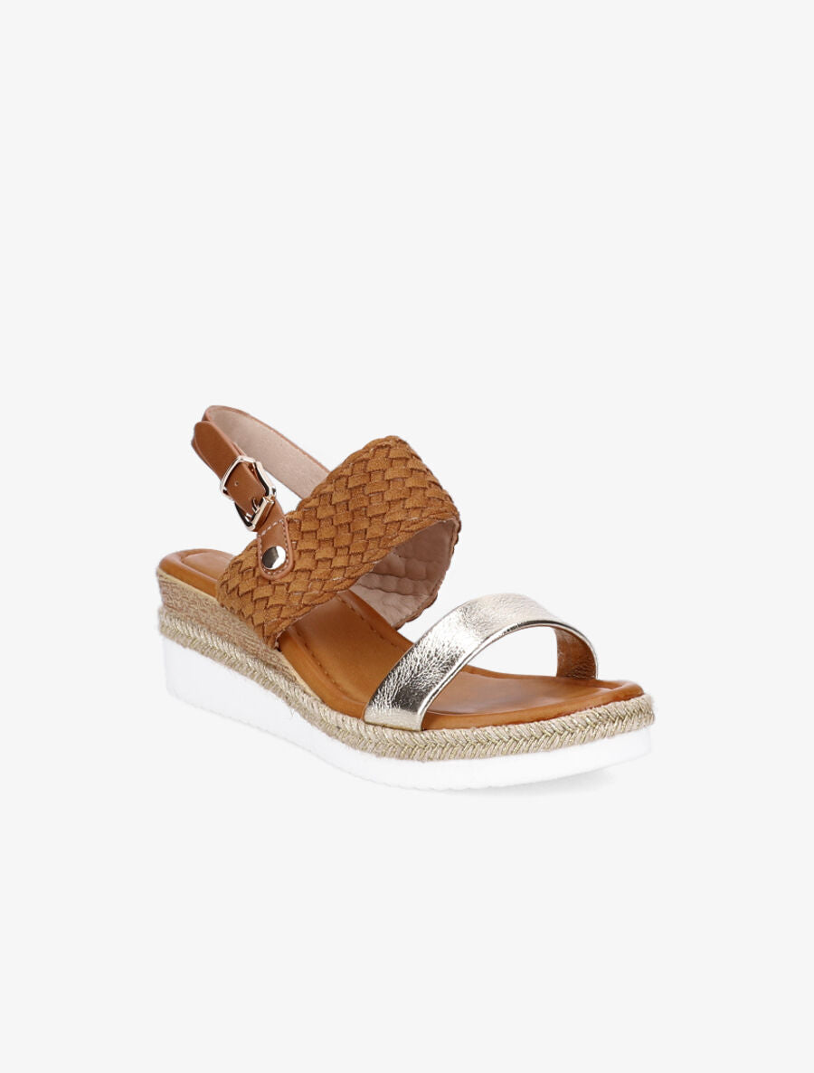 Sandales compensées à bride style osier et irisé - Camel - 2
