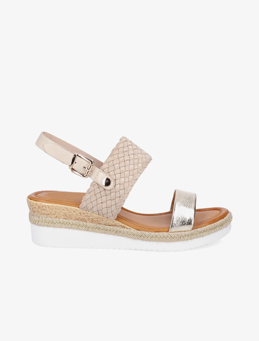 Sandales compensées à bride style osier et irisé - Beige - 5
